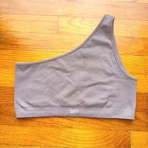 SET Active Ribbed Asymmetrical One-Shoulder Sports Bra in Taupe Brown